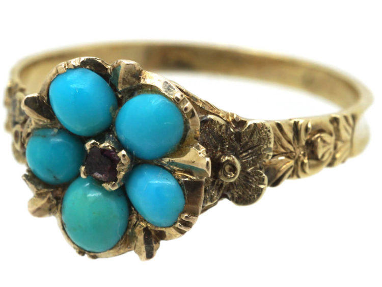 Regency 15ct Gold Forget Me Not Ring set with Turquoise & Ruby