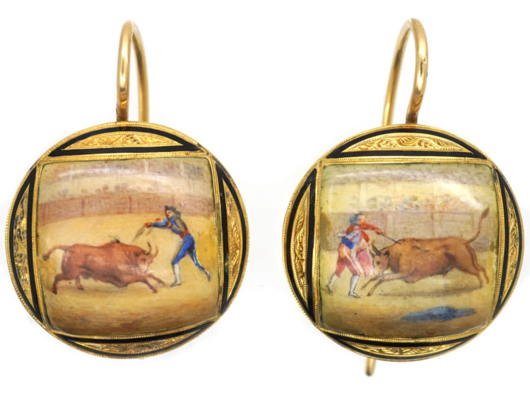 19th Century 18ct Gold & Enamel Bull & Matador Earrings