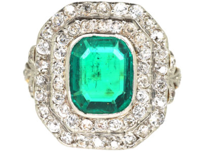 Art Deco 18ct Gold & Platinum, Columbian Emerald & Diamond Rectangular Ring with Diamond Set Shoulders