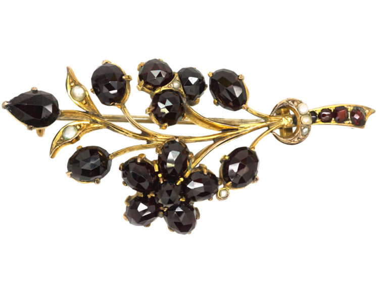 Edwardian 9ct Gold, Garnet & Natural Split Pearls Flower Spray Brooch