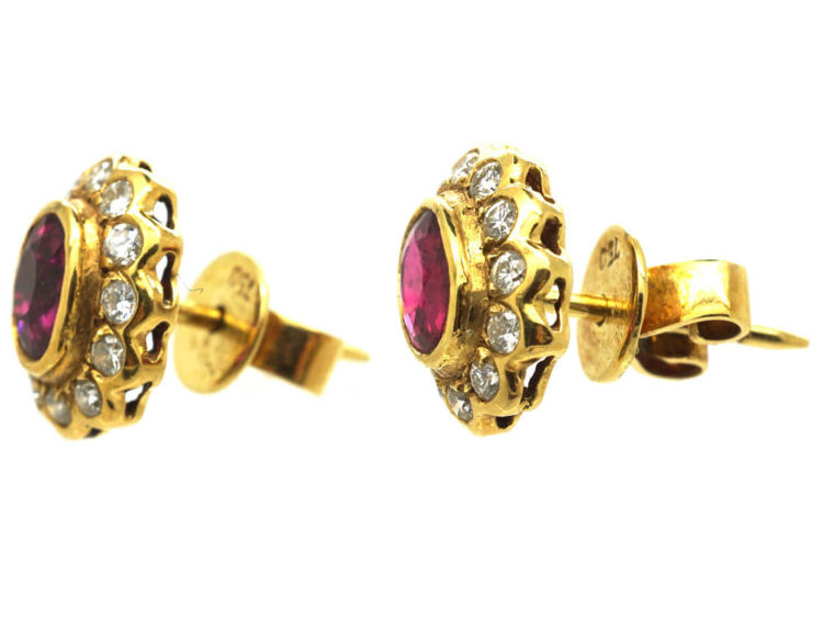 18ct Gold Ruby & Diamond Oval Cluster Earrings