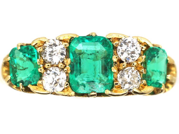 Victorian 18ct Gold, Three Stone Emerald & Diamond Ring