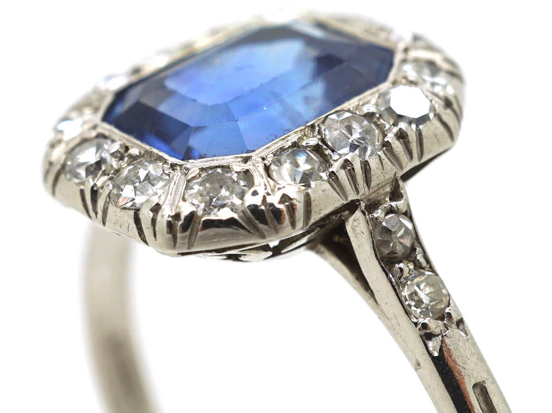 Art Deco Ceylon Sapphire & Diamond Platinum Octagonal Shaped Ring (15N ...