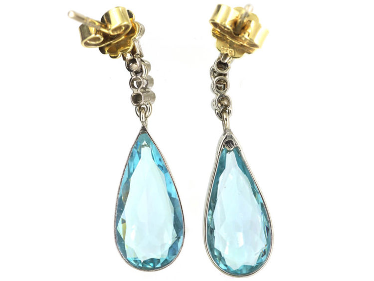 Edwardian 18ct White Gold, Aquamarine & Diamond Drop Earrings