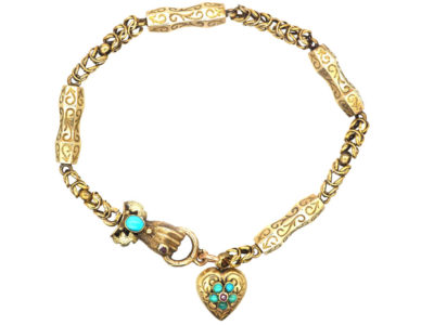 Georgian 15ct Gold & Turquoise Bracelet with Hand Clasp & Heart in Original Case