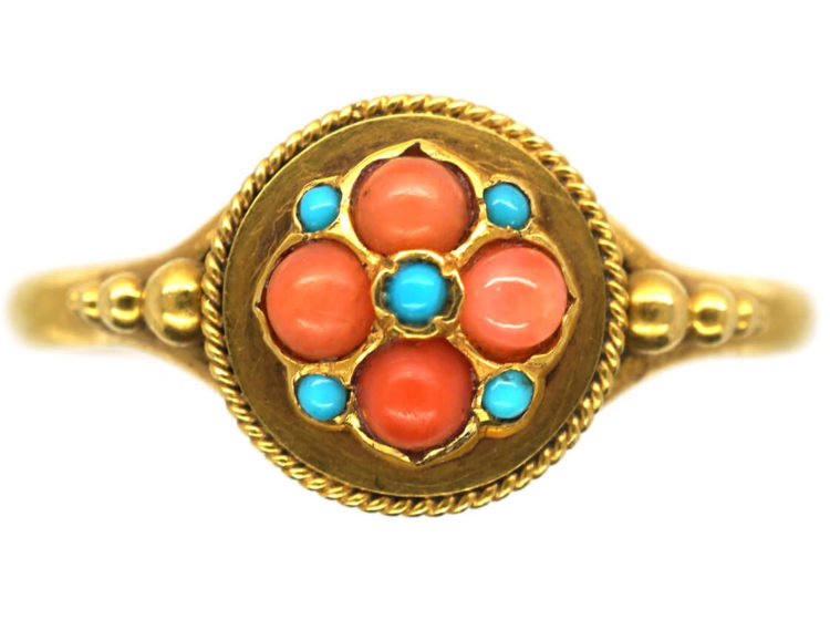 Regency 18ct Gold, Coral & Turquoise Cluster Ring