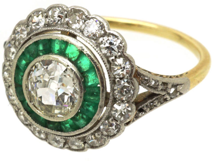 Art Deco 14ct Gold & Platinum, Diamond & Emerald Target Ring