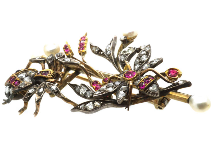 Victorian Diamond & Ruby & Natural Pearl Spider & Bee Brooch