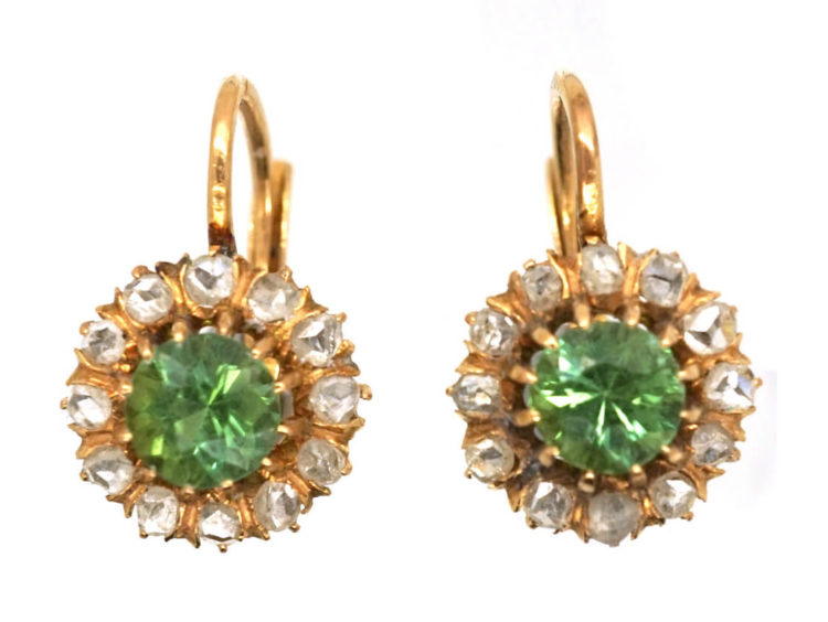 Edwardian 18ct Gold, Peridot & Rose Diamond Earrings