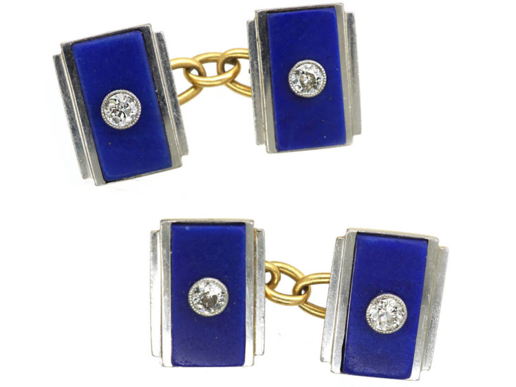 Art Deco 18ct Gold & Platinum, Lapis & Diamond Rectangular Cufflinks