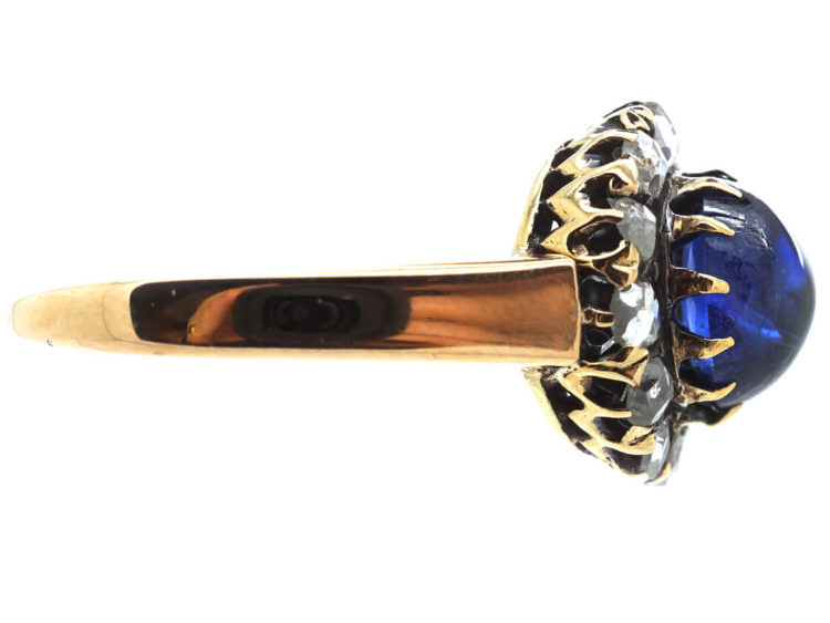 Edwardian 14ct Gold, Cabochon Sapphire & Rose Diamond Oval Cluster Ring
