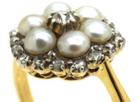 Edwardian 18ct Gold Natural Pearl & Diamond Cluster Ring