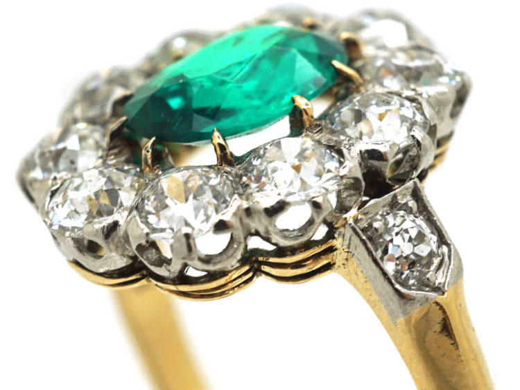 Edwardian 18ct Gold Colombian Emerald & Diamond Cluster Ring