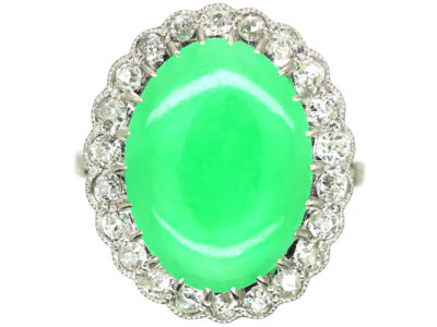 Art Deco Platinum,Jade & Diamond Oval Cluster Ring