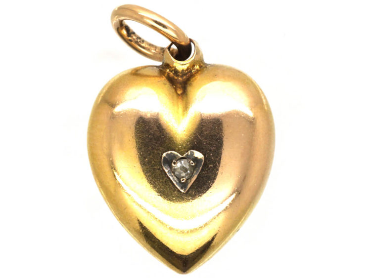 Edwardian 15ct Gold Heart Pendant Set with a Diamond in a Heart Shaped Setting