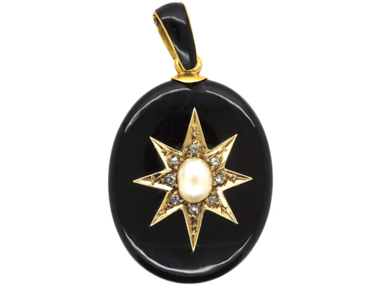 Victorian 18ct Gold, Onyx, Natural Pearl & Rose Diamond Oval Pendant with Locket Back