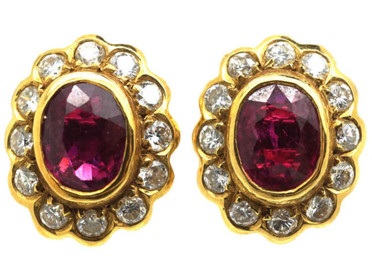 18ct Gold Ruby & Diamond Oval Cluster Earrings