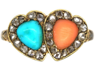 Victorian 18ct Gold Double Heart Ring set with Rose Diamonds, Turquoise & Coral