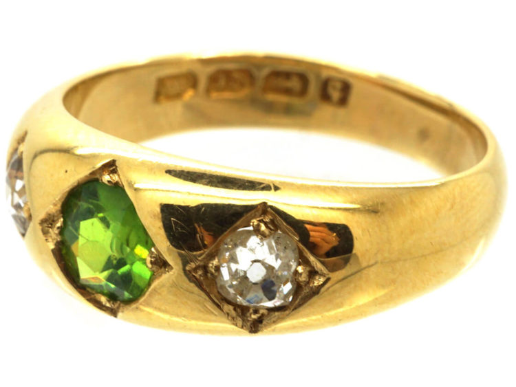 Victorian 18ct Gold, Green Garnet & Diamond Three Stone Gypsy Ring