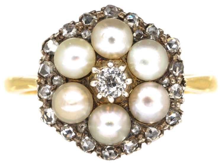 Edwardian 18ct Gold Natural Pearl & Diamond Cluster Ring