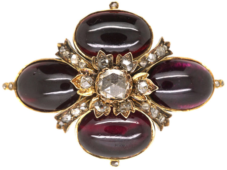 Victorian Cabochon Garnet & Rose Diamond Brooch