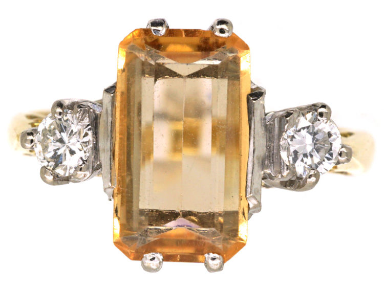 18ct Gold, Rectangular Topaz & Diamond Ring