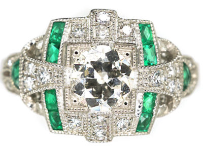 Art Deco 18ct White Gold Emerald & Diamond Ring