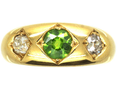 Victorian 18ct Gold, Green Garnet & Diamond Three Stone Gypsy Ring