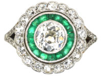 Art Deco 14ct Gold & Platinum, Diamond & Emerald Target Ring