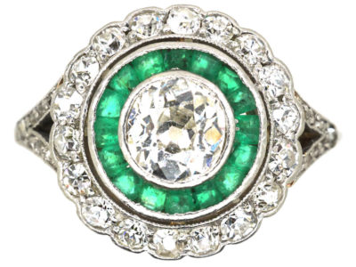 Art Deco 14ct Gold & Platinum, Diamond & Emerald Target Ring