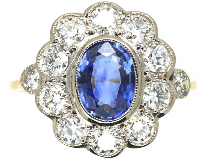 Art Deco 18ct White & Yellow Gold, Sapphire & Diamond Oval Cluster Ring