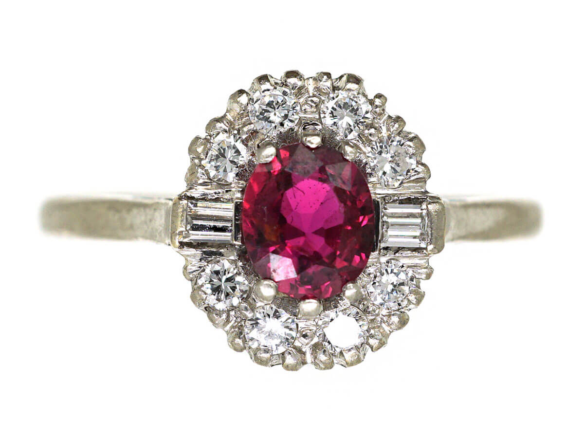 'Pigeon's blood' colour on an Art Deco 18ct White Gold & Platinum, Ruby & Diamond Cluster Ring