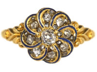 Victorian 18ct Gold, Blue Enamel & Diamond Swirl Ring