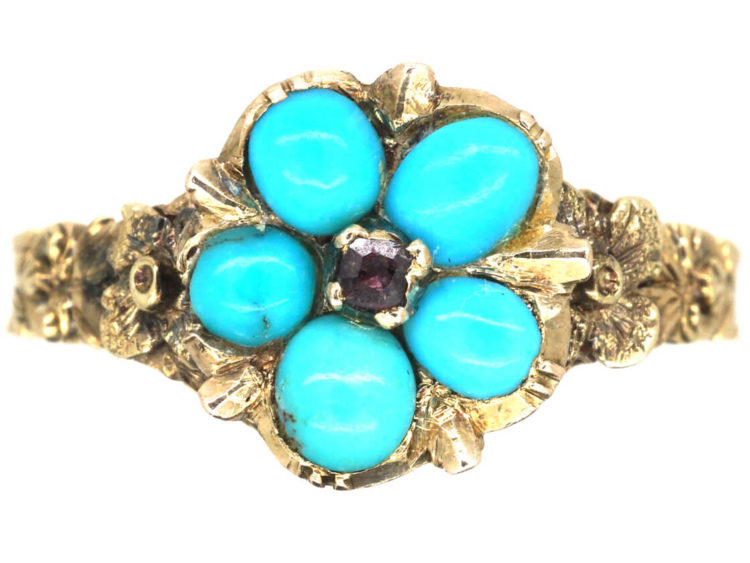 Regency 15ct Gold Forget Me Not Ring set with Turquoise & Ruby