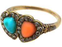 Victorian 18ct Gold Double Heart Ring set with Rose Diamonds, Turquoise & Coral