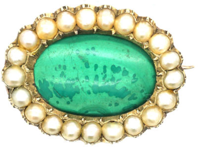 Georgian 9ct Gold, Malachite & Natural Split Pearl Oval Brooch