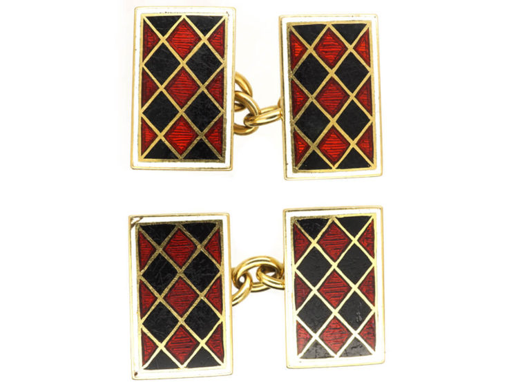 Art Deco 18ct Gold, Red & Black Enamel Rectangular Cufflinks