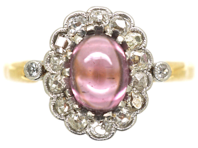 Edwardian 14ct Gold, Diamond & Cabochon Pink Tourmaline Cluster Ring