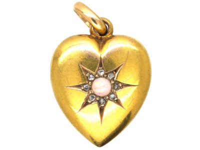 Edwardian 15ct Gold Rose Diamond & Opal Heart Shaped Pendant