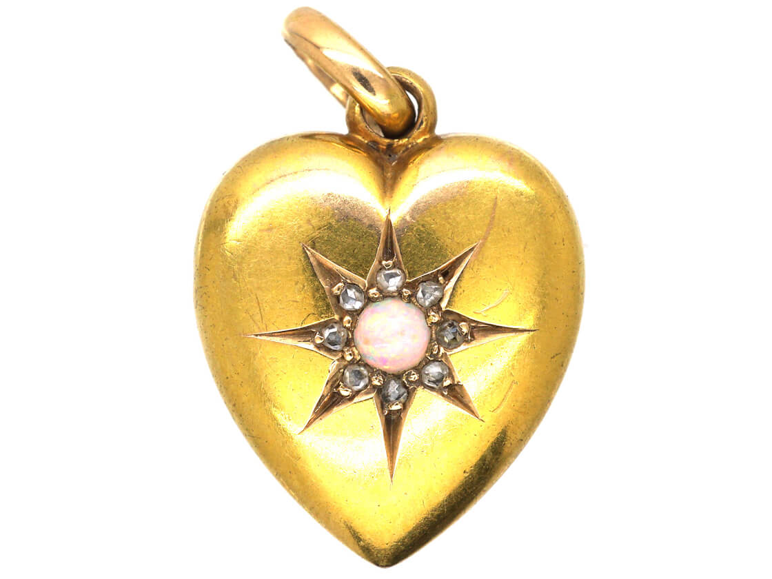 Edwardian 15ct Gold Rose Diamond & Opal Heart Shaped Pendant (869M ...