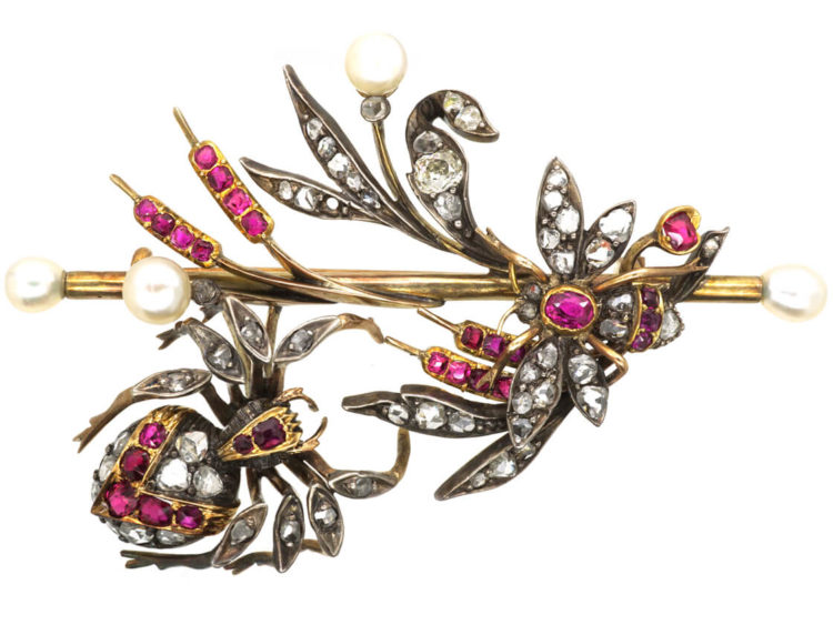 Victorian Diamond & Ruby & Natural Pearl Spider & Bee Brooch