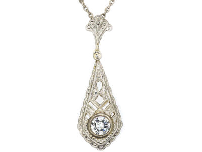 Art Deco 14ct White Gold Diamond Solitaire Pendant on 14ct White Gold Chain