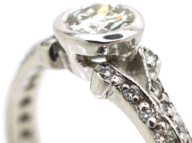 18ct White Gold Solitaire Diamond Ring with Pave Set Diamond Shoulders