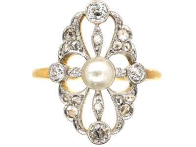 Edwardian 14ct Gold & Platinum, Pearl & Diamond Ring