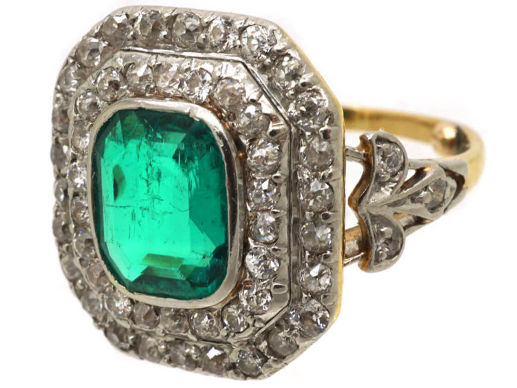 Art Deco 18ct Gold & Platinum, Columbian Emerald & Diamond Rectangular Ring with Diamond Set Shoulders