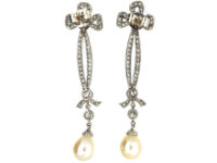 Edwardian Platinum, Diamond & Pearl Drop Earrings with Bow Drops
