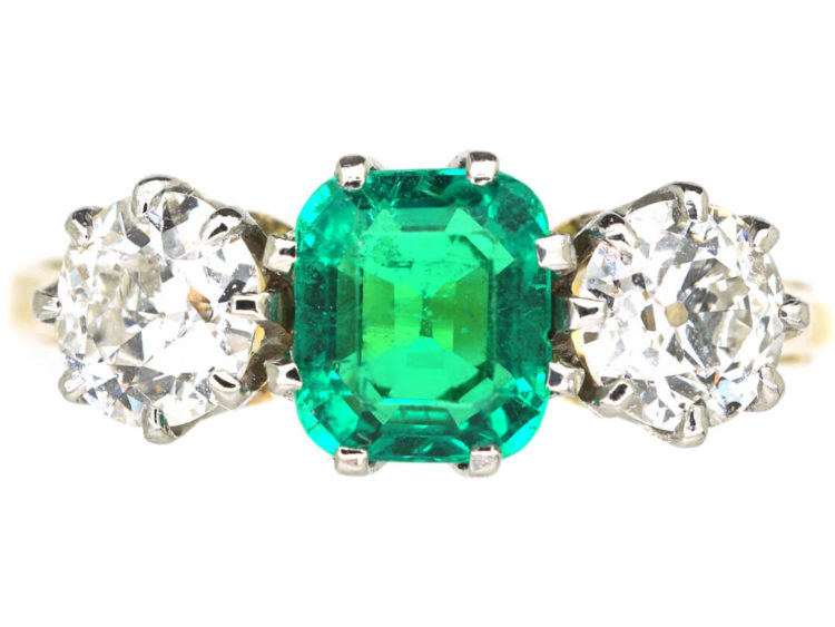 Art Deco 18ct Gold & Platinum, Emerald & Diamond Three Stone Ring