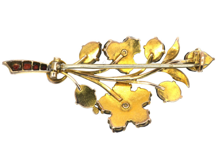 Edwardian 9ct Gold, Garnet & Natural Split Pearls Flower Spray Brooch