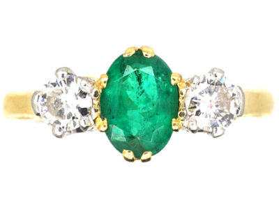 18ct Gold, Emerald & Diamond Three Stone Ring