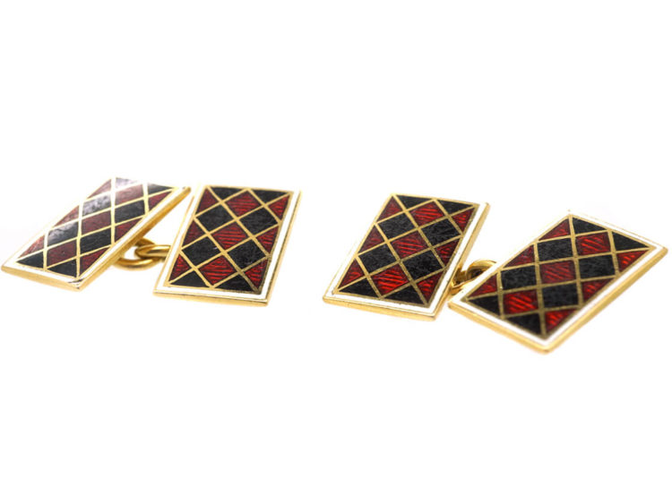 Art Deco 18ct Gold, Red & Black Enamel Rectangular Cufflinks